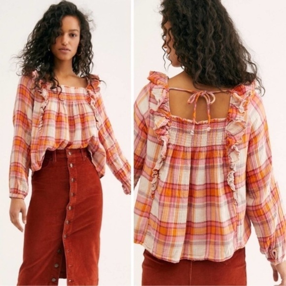 We the Free Free People Sienna Plaid Tie Back Top Sz S - Picture 1 of 13